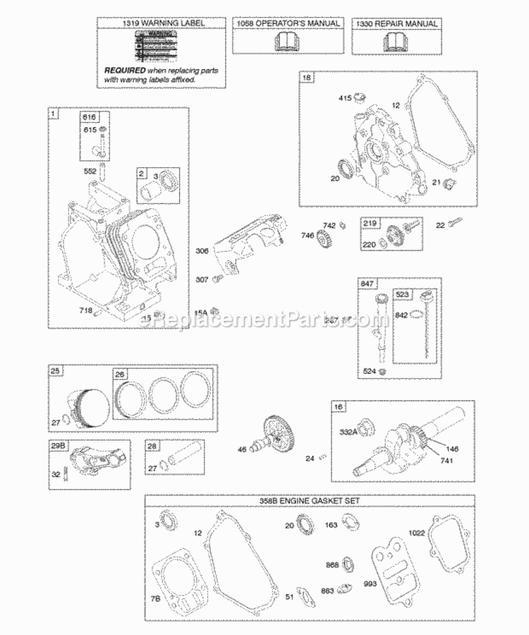 Camshaft Crankcase Cover Crankshaft Cylinder Lubrication Piston Group Diagram and Parts List for 150312-0112-E1  Briggs and Stratton Engine